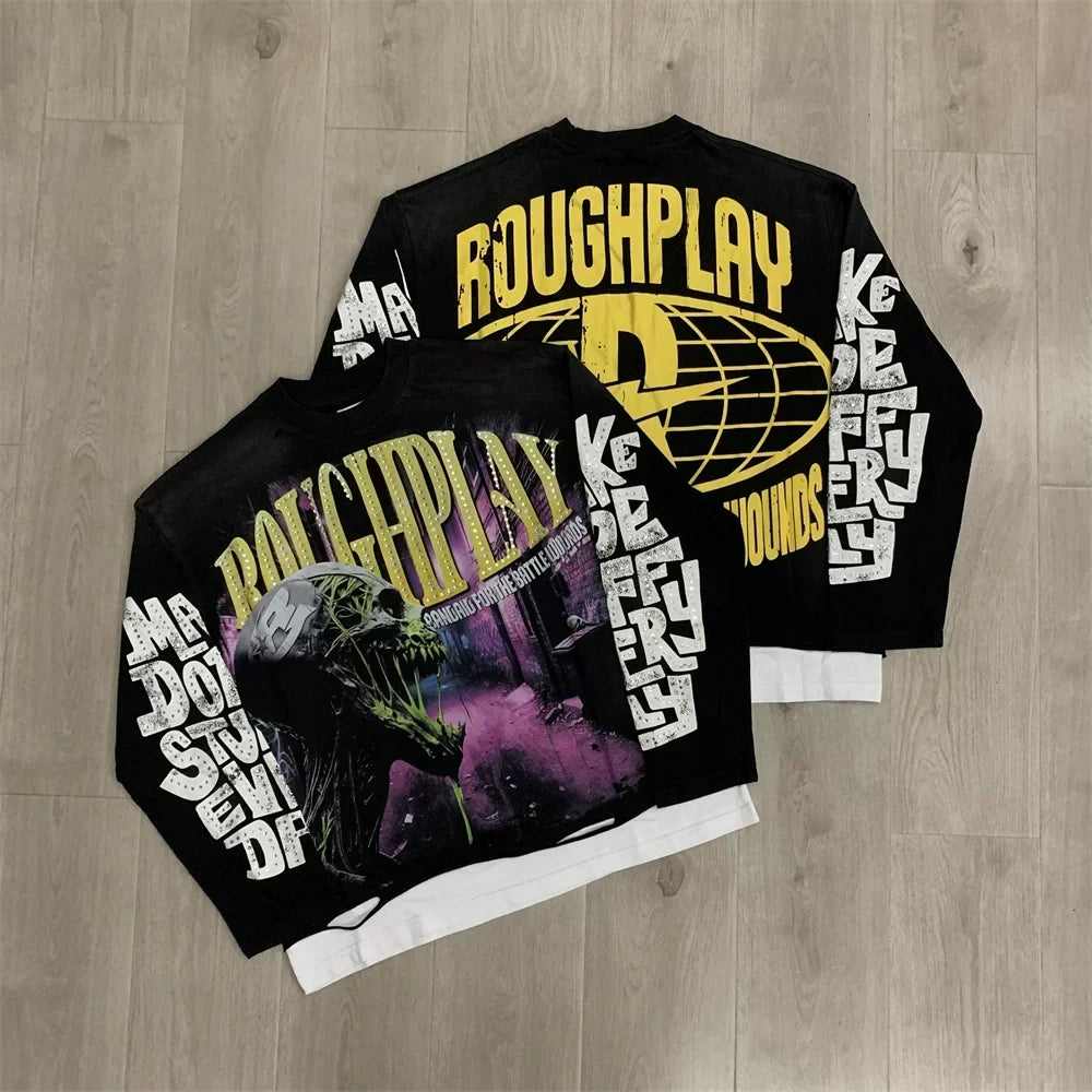 Roughplay Skull Graphic Heavyweight Long-Sleeve Tee - Black/Yellow